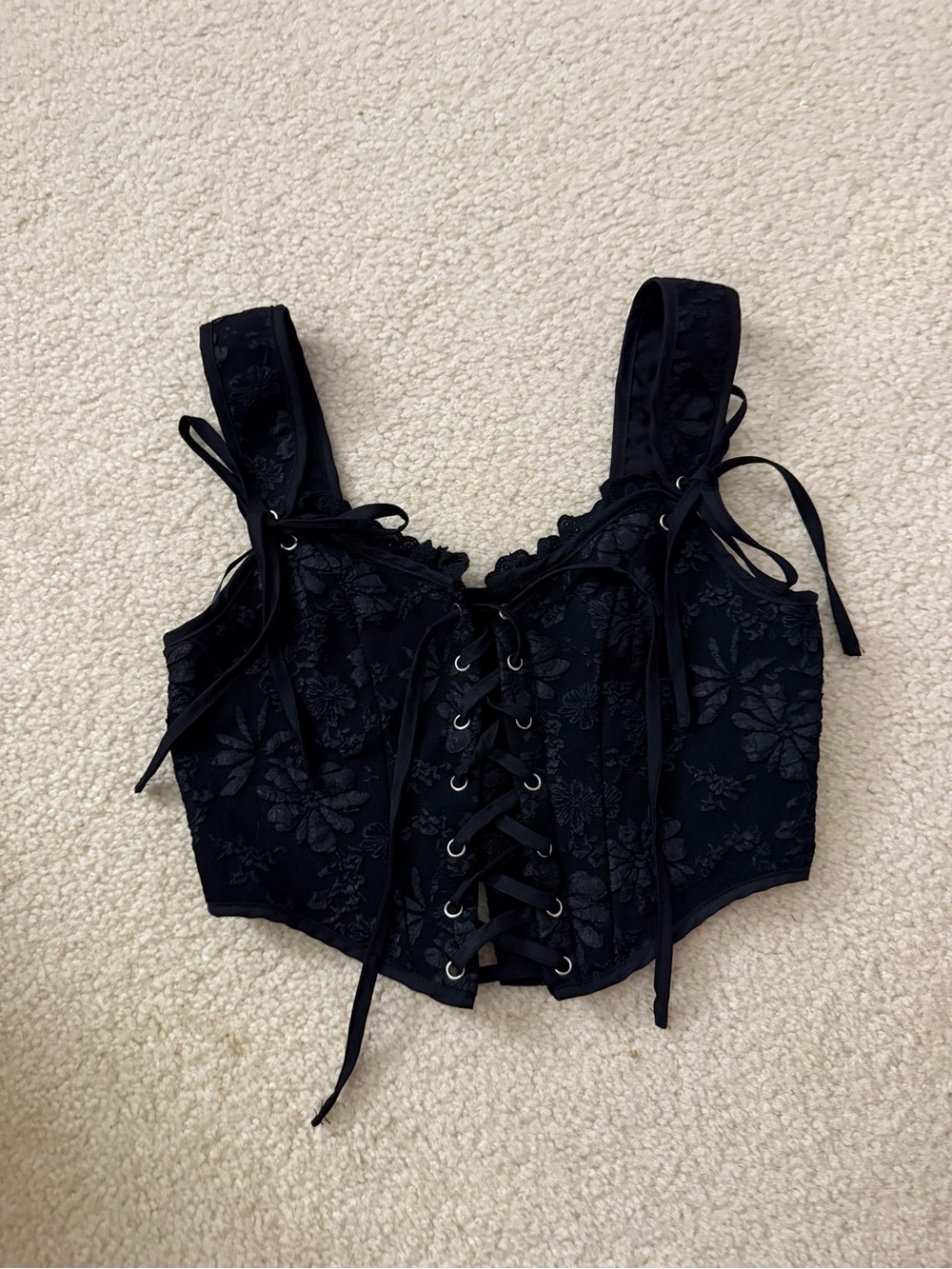 SHEIN Black Floral Lace-Up Corset Crop Top